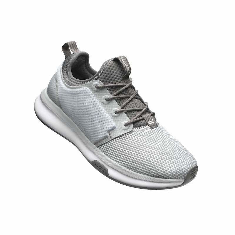 Angled profile view of the KURU ATOM Women's Sneaker in Cloud Gray-White-Iron Gray.