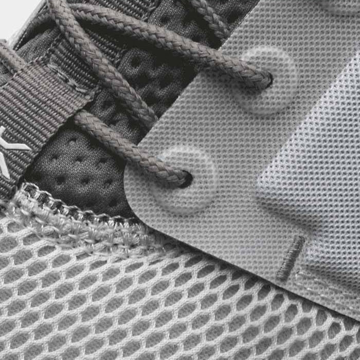 Pair of KURU ATOM Women's Sneaker in Cloud Gray-White-Iron Gray, angled view.