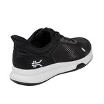 Back heel view of the KURU ATOM Fusion Women's Sneaker in Jet Black-Bright White.