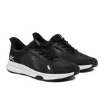 Pair of KURU ATOM Fusion Women's Sneaker in Jet Black-Bright White, angled view.