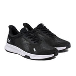 Back heel view of the KURU ATOM Fusion Men's Sneaker in Jet Black-Bright White.