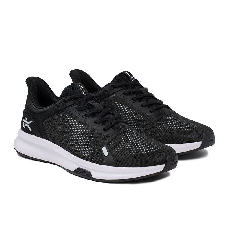 Back heel view of the KURU ATOM Fusion Men's Sneaker in Jet Black-Bright White.