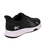 Pair of KURU ATOM Fusion Men's Sneaker in Jet Black-Bright White, angled view.