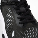 Pair of KURU ATOM Fusion Men's Sneaker in Jet Black-Bright White, angled view.
