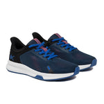 Angled profile view of the KURU ATOM Fusion Women's Sneaker in Midnight Blue-Jet Black.