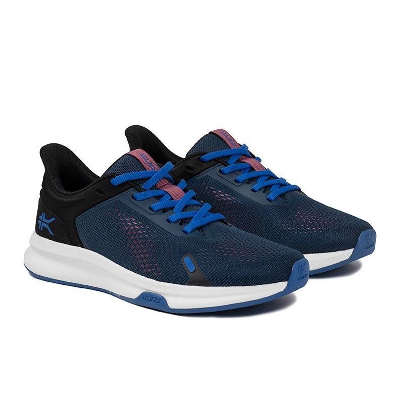 Angled profile view of the KURU ATOM Fusion Women's Sneaker in Midnight Blue-Jet Black.