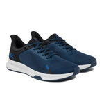 Back heel view of the KURU ATOM Fusion Men's Sneaker in Midnight Blue-Jet Black.