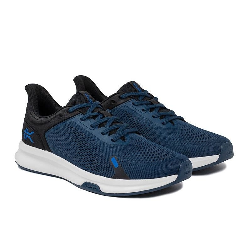 Back heel view of the KURU ATOM Fusion Men's Sneaker in Midnight Blue-Jet Black.
