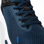Pair of KURU ATOM Fusion Men's Sneaker in Midnight Blue-Jet Black, angled view.