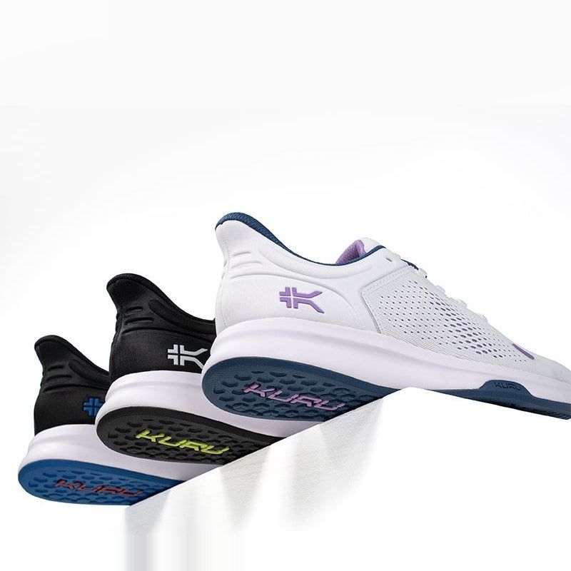 Pair of KURU ATOM Fusion Women's Sneaker in Mist Gray-Lavender, angled view.