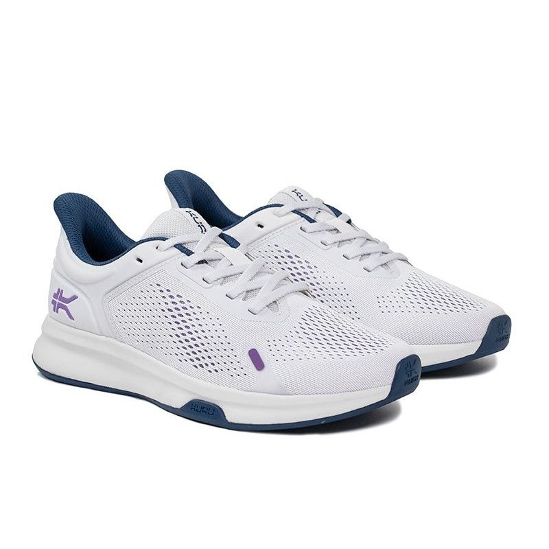 Angled profile view of the KURU ATOM Fusion Women's Sneaker in Mist Gray-Lavender.