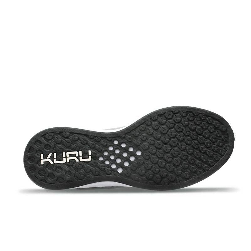 Outsole view of the KURU ATOM Men's Sneaker in Indigo-White-Basalt, showing the KURUSOLE tread.