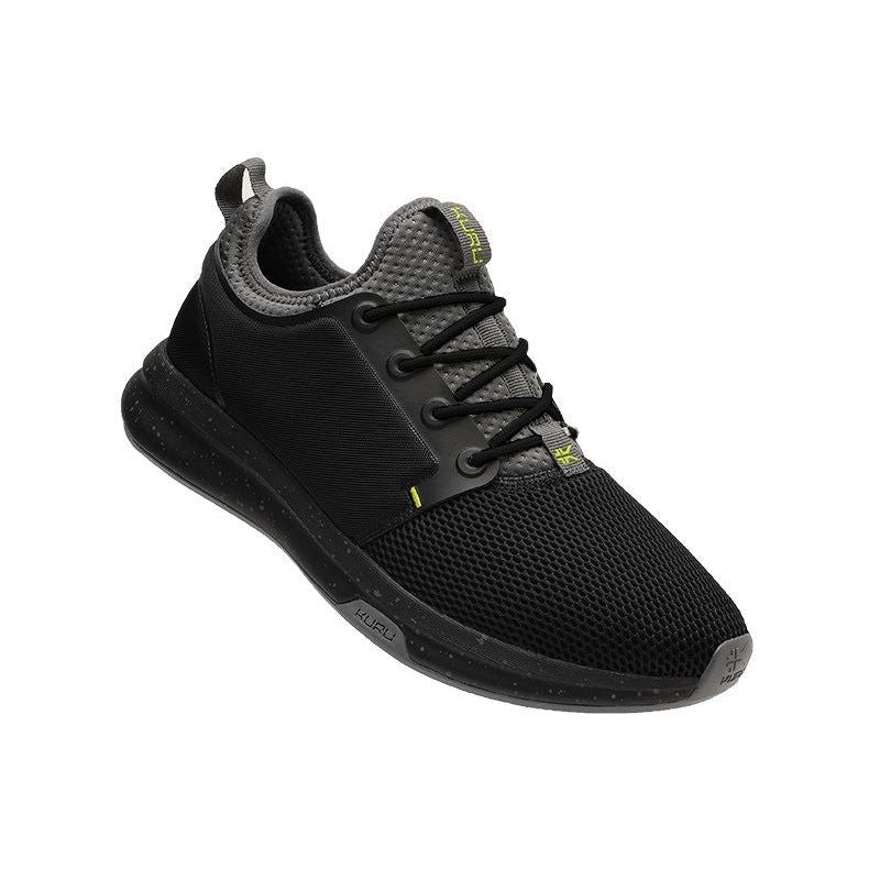 Angled profile view of the KURU ATOM Men's Sneaker in Jet Black-Citron.