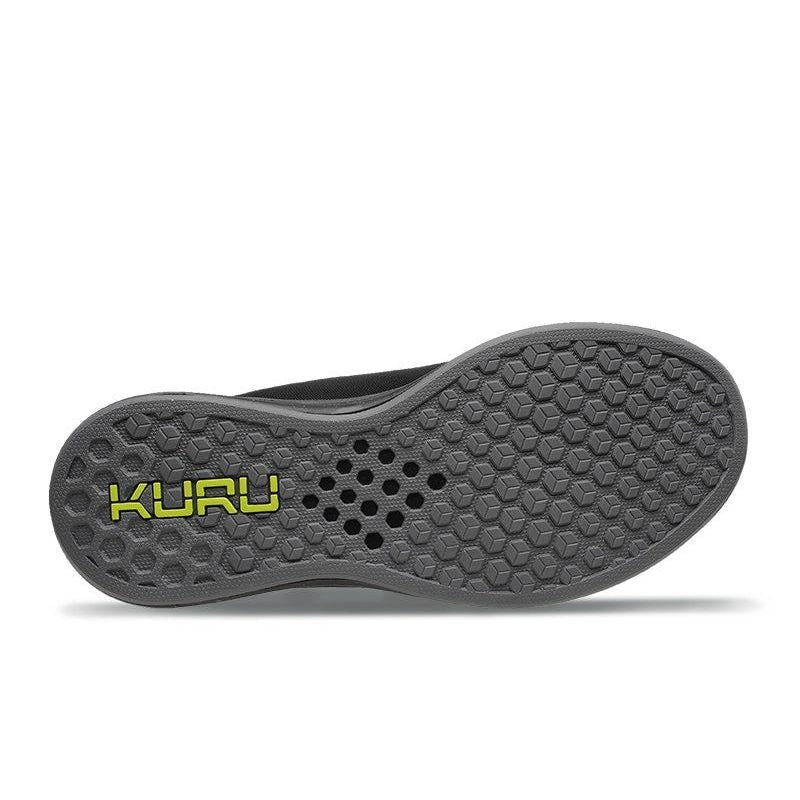 Outsole view of the KURU ATOM Men's Sneaker in Jet Black-Citron, showing the KURUSOLE tread.