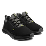 Pair of KURU ATOM Men's Sneaker in Jet Black-Citron, angled view.