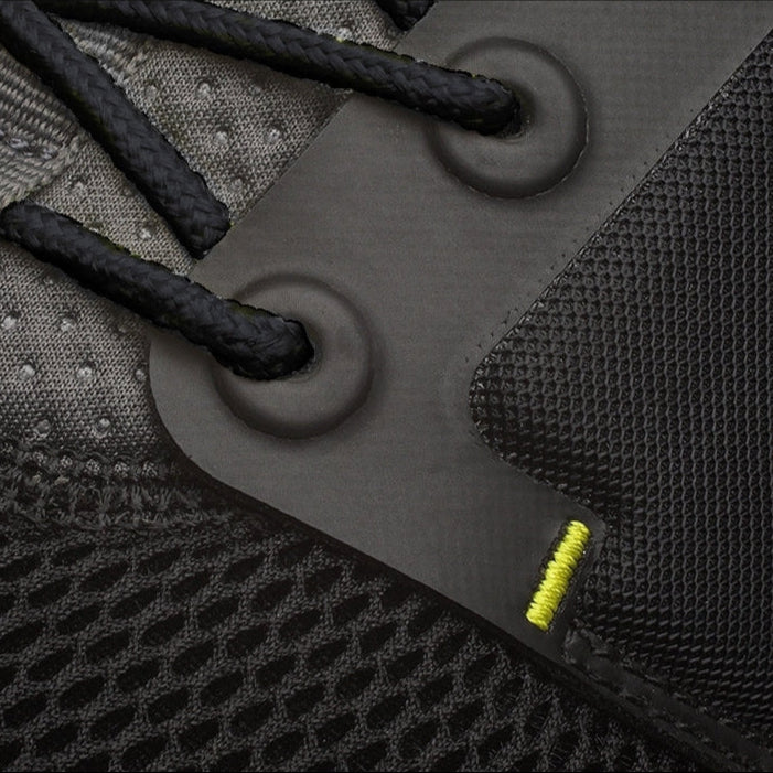 Pair of KURU ATOM Men's Sneaker in Jet Black-Citron, angled view.