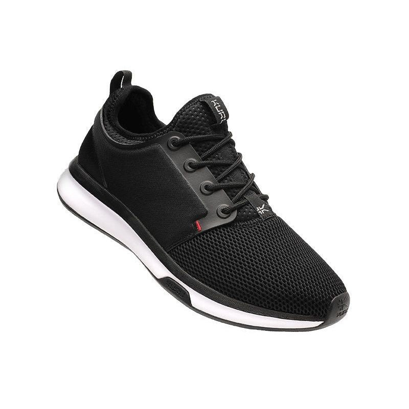 Angled profile view of the KURU ATOM Men's Sneaker in Jet Black-White-Fire Red.