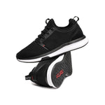Close-up of the upper material on the KURU ATOM Men's Sneaker in Jet Black-White-Fire Red.