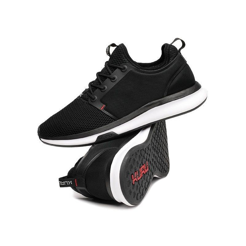 Close-up of the upper material on the KURU ATOM Men's Sneaker in Jet Black-White-Fire Red.
