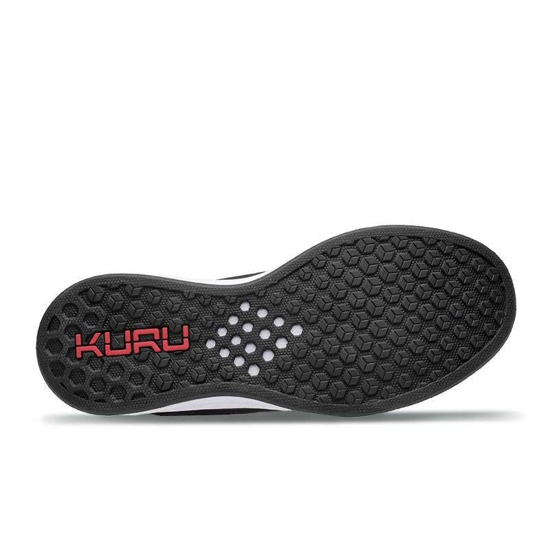 Outsole view of the KURU ATOM Men's Sneaker in Jet Black-White-Fire Red, showing the KURUSOLE tread.