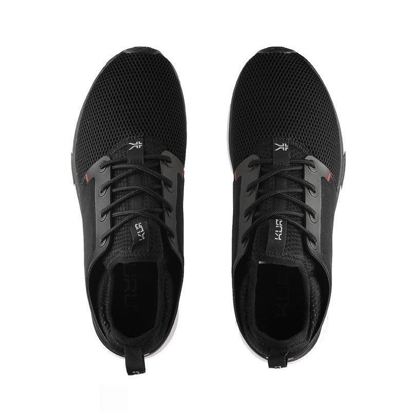 Top-down view of the KURU ATOM Men's Sneaker in Jet Black-White-Fire Red.