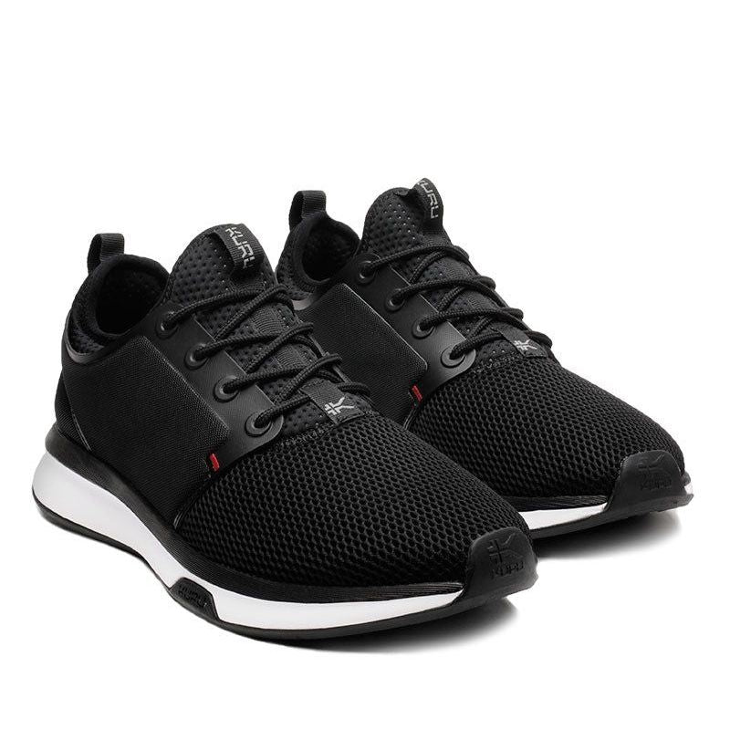 Pair of KURU ATOM Men's Sneaker in Jet Black-White-Fire Red, angled view.