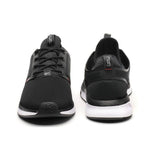 Back heel view of the KURU ATOM Men's Sneaker in Jet Black-White-Fire Red.
