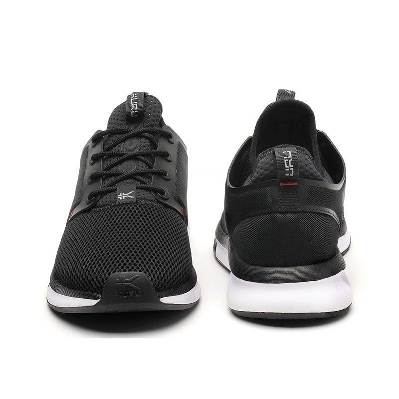 Back heel view of the KURU ATOM Men's Sneaker in Jet Black-White-Fire Red.