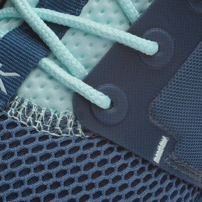Pair of KURU ATOM Women's Sneaker in Tidal Wave-White-Oasis Blue, angled view.
