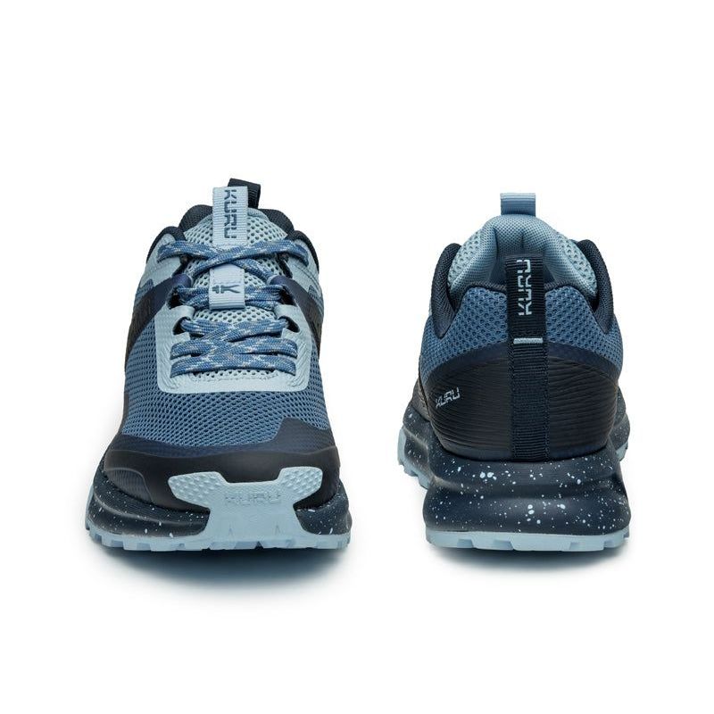 Back heel view of the KURU ATOM Trail Women's Sneaker in Blue Fog-Midnight Blue.