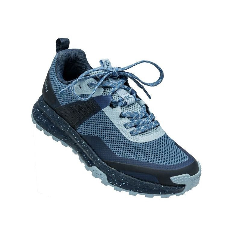 Angled profile view of the KURU ATOM Trail Women's Sneaker in Blue Fog-Midnight Blue.