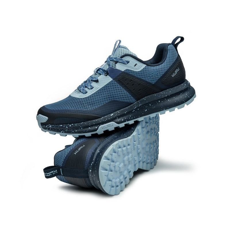 Pair of KURU ATOM Trail Women's Sneaker in Blue Fog-Midnight Blue, angled view.
