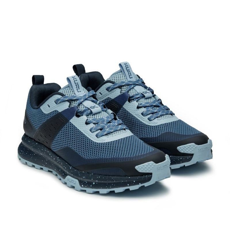 Pair of KURU ATOM Trail Women's Sneaker in Blue Fog-Midnight Blue, angled view.