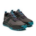 Pair of KURU ATOM Trail Women's Sneaker in Jet Black-Dark Teal, angled view.