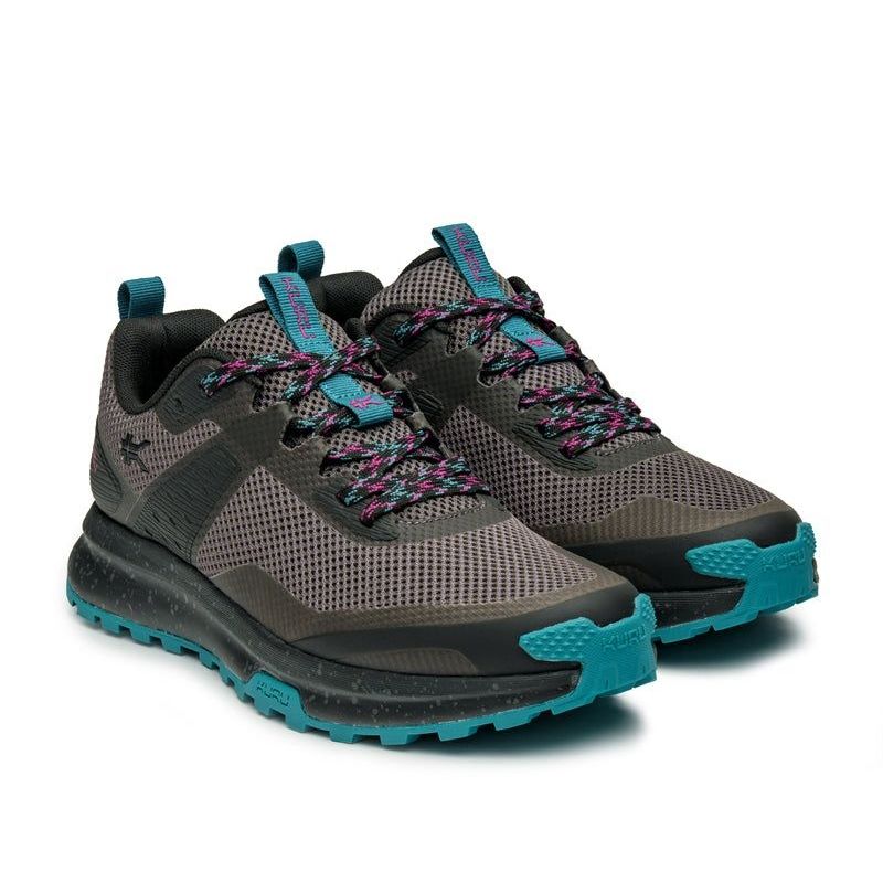 Pair of KURU ATOM Trail Women's Sneaker in Jet Black-Dark Teal, angled view.