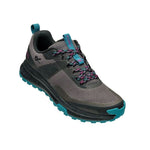Angled profile view of the KURU ATOM Trail Women's Sneaker in Jet Black-Dark Teal.