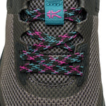 Close-up of the upper material on the KURU ATOM Trail Women's Sneaker in Jet Black-Dark Teal.