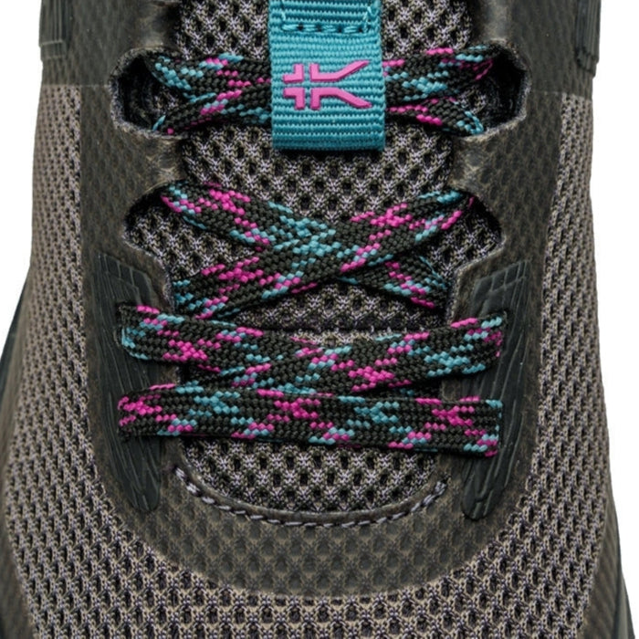 Close-up of the upper material on the KURU ATOM Trail Women's Sneaker in Jet Black-Dark Teal.
