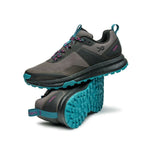 Pair of KURU ATOM Trail Women's Sneaker in Jet Black-Dark Teal, angled view.