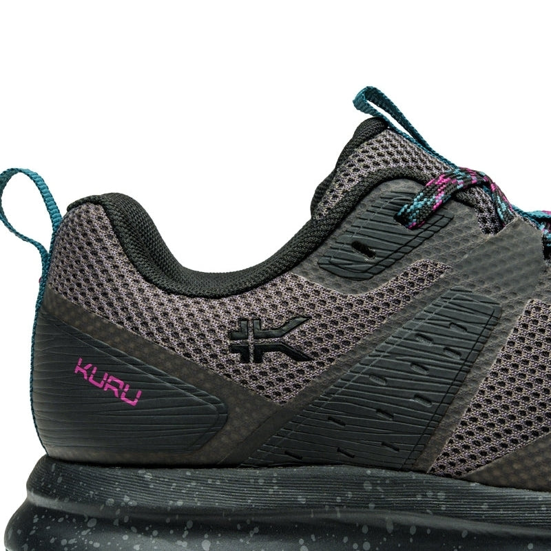 Close-up of the upper material on the KURU ATOM Trail Women's Sneaker in Jet Black-Dark Teal.