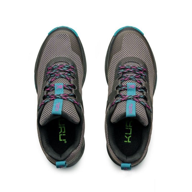 Top-down view of the KURU ATOM Trail Women's Sneaker in Jet Black-Dark Teal.
