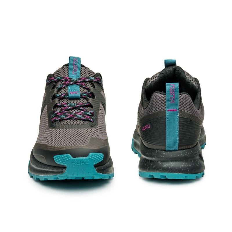 Back heel view of the KURU ATOM Trail Women's Sneaker in Jet Black-Dark Teal.