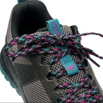 Close-up of the upper material on the KURU ATOM Trail Women's Sneaker in Jet Black-Dark Teal.