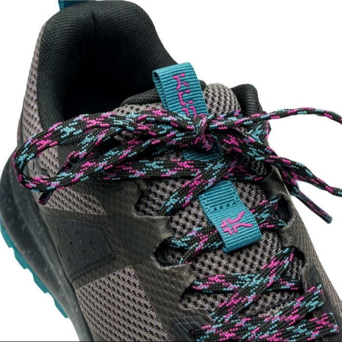 Close-up of the upper material on the KURU ATOM Trail Women's Sneaker in Jet Black-Dark Teal.