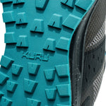 Close-up of the heel cup on the KURU ATOM Trail Women's Sneaker in Jet Black-Dark Teal.
