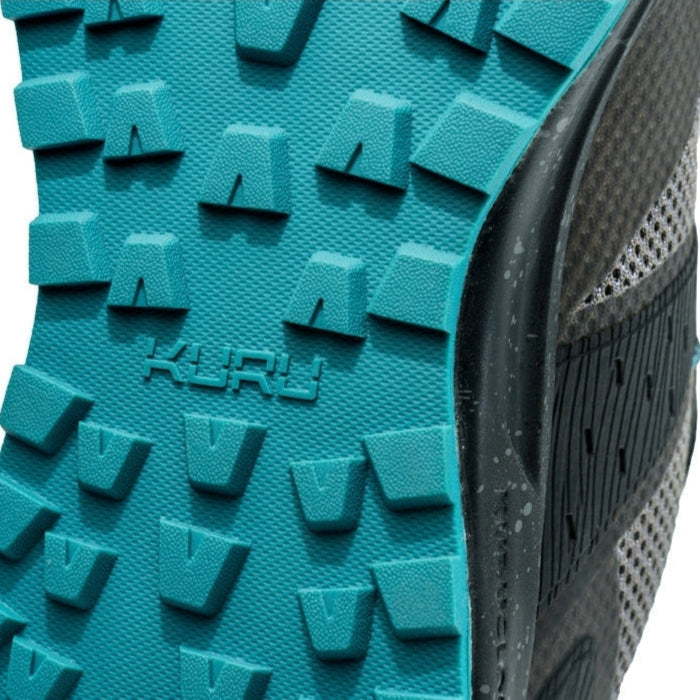 Close-up of the heel cup on the KURU ATOM Trail Women's Sneaker in Jet Black-Dark Teal.