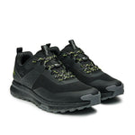 Pair of KURU ATOM Trail Men's Sneaker in Jet Black-KURU Green, angled view.