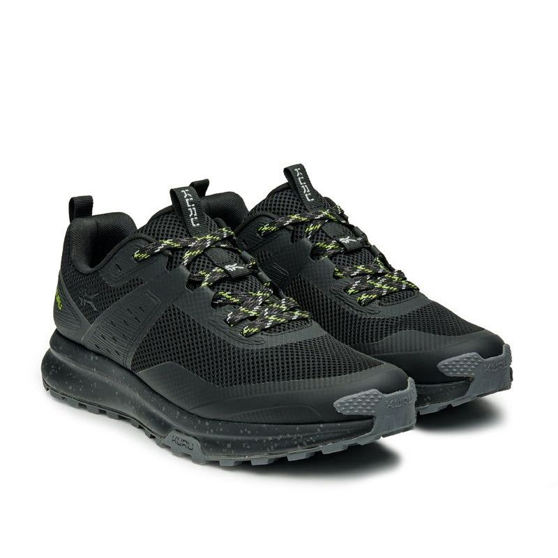 Pair of KURU ATOM Trail Men's Sneaker in Jet Black-KURU Green, angled view.