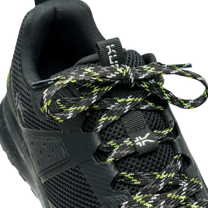 Close-up of the upper material on the KURU ATOM Trail Men's Sneaker in Jet Black-KURU Green.