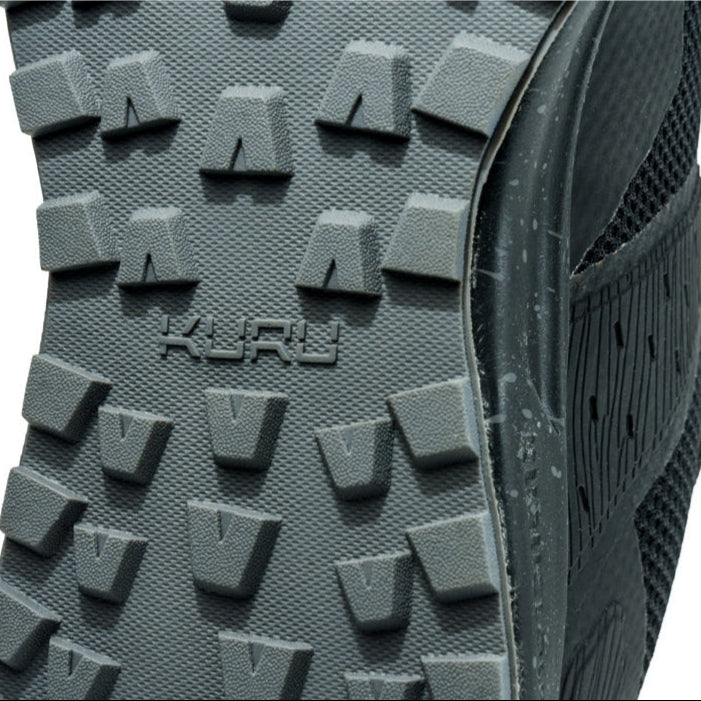 Close-up of the upper material on the KURU ATOM Trail Men's Sneaker in Jet Black-KURU Green.